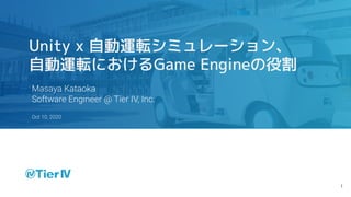 Masaya Kataoka
Software Engineer @ Tier IV, Inc.
Unity x 自動運転シミュレーション、
自動運転におけるGame Engineの役割
Oct 10, 2020
1
 