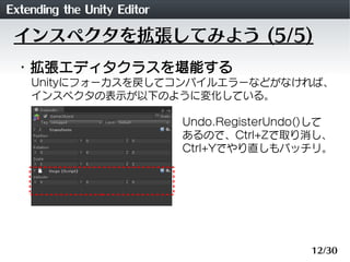 Extending the Unity Editor
 インスペクタを拡張してみよう (5/5)
 ・拡張エディタクラスを堪能する
    Unityにフォーカスを戻してコンパイルエラーなどがなければ、
    インスペクタの表示が以下のように...