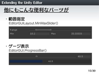 Extending the Unity Editor
 他にもこんな便利なパーツが
 ・範囲指定
    EditorGUILayout.MinMaxSlider()




 ・ゲージ表示
    EditorGUI.ProgressBar(...
