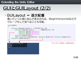Extending the Unity Editor
 GUIとGUILayout (2/2)
 ・GUILayout ＝ 逐次配置
    書いていった順に並んで表示される。BeginHorizontalなどで
    グループ化して並べるこ...