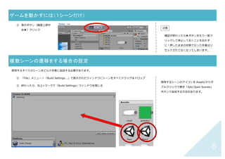 7	
重力など（物理挙動）をつけるには	
① 重⼒をつけたいもの（メインキャラや障害物）を選択
② Inspector ウィンドウ（右側ウィンドウ）で
「Add Component」＞「Physics 2D」＞「Rigidbody 2D」
③ 実⾏ボタン（画⾯上部中央▶）を押して重⼒で下に落ちるか確認
	
	
当たり判定エリア（コライダ）をつけるには	
① ぶつかるようにしたいもの（メインキャラや障害物）を選択
② Inspector ウィンドウ（右側ウィンドウ）で
「Add Component」＞「Physics 2D」＞「B ox collider 2D」
（または「Circle Collider」等）
③ 実⾏ボタン（画⾯上部中央▶）を押して、重⼒で落ちてくる
ものを障害物で⽌められるか確認（落ちてくるものと受け⽌
めるものの両⽅にコライダをつける）
→ 「Box collider 2D」「Circle Collider」
等の違いは、当たり判定エリアの形の違
いなので、フィットする⽅を使う
→ ぶつかるもののどちらかが「Rigidbody
2D」付きでないとダメ（衝突しない）
注意
「Polygon collider」は、画像の形にフィッ
トするが、転がり⽅にも影響してくるので
注意
→ 「実⾏」は次ページ参照
Tips
コライダ⽤などで Rigidbody 2D をつける
場合（下⽅向への⼒は不要の場合）、つけ
た Rigidbody 2D の「Gravity Scale」をゼ
ロにする
 