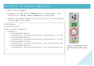 13	
【スクリプト】	 スクリプトについて 全般	
⽮印キーで動く、ぶつかった場合にゲームオーバー画⾯に遷移する、など、独⾃の動きをつける場合は、スクリプ
トを書く必要があります。動きをつけたいオブジェクト、または、カメラ（全体に動きをつける場合）を選び、
Inspector ウィンドウから「Add Component」＞「New Script」をクリックし、Name 欄に「MoveBox」(名前
は⾃由)を⼊⼒（Language は C Sharp）し「Create and Add」。追加したスクリプトのアイコン（「C#」のマー
ク）が Asset ウィンドウに表⽰されるのでダブルクリックし、中⾝を書き換えます。
①
	
//で始まる行、および、	 /*	 	 と	 	 */ではさまれた部分（複数行可）はコメントです。スクリプトの実行には関係ありません。スクリプト
を他の人が見たり、自分が後から読んだときに内容がわかるよう、適切なコメントをつけておくべき。	
using UnityEngine;
using System.Collections;
public class MoveBox : MonoBehaviour {
void Start () {
}
void Update () {
}
}	
最初に一度だけ実行されるコードを記述	
FrameRate に応じて実行されるコード	
void Start(){
}
や
void Update(){
}
は、中のコードが何もない場合は丸ごと
削除しても OK（空っぽのまま残してお
いても特に問題はない）
新規作成の別の⽅法は、Project ウィン
ドウの Create ボタンから"C#Script"を
クリックすると作成されます。作成され
た C#アイコンを、つけたいオブジェク
トにドラッグしすれば OK
Unity でスクリプトを記述する⾔語は、
C#の他に javascript などがあります
が、書籍やネットで情報を収集しやすい
ので、C#を使っています。
 