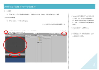 2	
画面の調整	
① 右上の「Layout」ボタンから「2 by 3」を選択しておく
② Game ウィンドウの「Free Aspect」を「16 : 9」に変更しておく
③ 左上「Scene（シーン）」ウィンドウ上でマウスホイールを回し、⽩い枠が⾒えるように調整する
※ ⽩い枠＝ゲーム画⾯の外枠
→ Layout を 2 by 3 にするのは、この説明
冊⼦と同じ表⽰にするため。下記 5 つの
ウィンドウ配置が変わるだけなので、実
際は何でも OK。
ウィンドウ ⽤途
Scene ゲームを作る作業場所
Game 実際のゲームの⾒え⽅
Hierarchy 配置済み要素⼀覧
Project 素材・スクリプト等
Inspector 要素情報の表⽰・編集
→ Aspect（アスペクト⽐）を 16 : 9 にす
る理由は、スマホでのプレイを考えた場
合に縦横⽐ 16 : 9 が多いため。
Scne 画⾯・Game 画⾯ Hierarchy 画⾯ Project 画⾯（Assets 含む） Inspector 画⾯
シーン・ゲーム ヒエラルキー プロジェクト（アセット） インスペクター
 