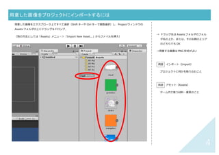 3	
プロジェクトの保存・シーンの保存	
シーンの保存
① 「File」メニュー＞「Save Scene As...」で現在のシーンを「Main」（何でも OK）として保存
プロジェクトの保存
① 「File」メニュー＞「Save Project」
※シーンとプロジェクトの両⽅を保存する
→ Scene とは「3 ⾯クリアした！」などの
ゲームの「⾯」のこと。名前は⾃由だ
が、あとから使うのでわかりやすい名前
に。アルファベットの⽅があとあと使い
やすい。
→ Project とはゲーム全体のこと。
1 つのプロジェクトの中に複数のシーンが
⼊ることになります。
 