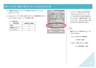 5	
画像（スプライト）を画面上に配置するには	
① Projects ウィンドウの Assets にある画像を Scene ウィンドウにドラッグ＆ドロップ
② マウスでドラッグしながらサイズ調整する（Inspector ウィンドウの Scale 変更でも OK）
	
	
	
	
	
→ サイズ変更の取っ⼿が表⽰されない場合
は、変更したいスプライトの⼤きさに対
して表⽰縮尺が⼩さすぎる可能性がある
ので、マウスホイールを回して拡⼤表⽰
してみる。
注意
Inspector ウィンドウで何らかの設定を
する場合、必ず、設定対象のスプライト
を選択してから⾏うこと。
→ スプライトを選択するには、Scene ウ
ィンドウで画像をクリックするか、
Hierarchy ウィンドウでスプライト名を
クリック。
Tips
スプライト名をわかりやすく変更してお
くとあとあと便利。変更は、Hierarchy
ウィンドウ上でスプライトを右クリック
→「Rename」
 