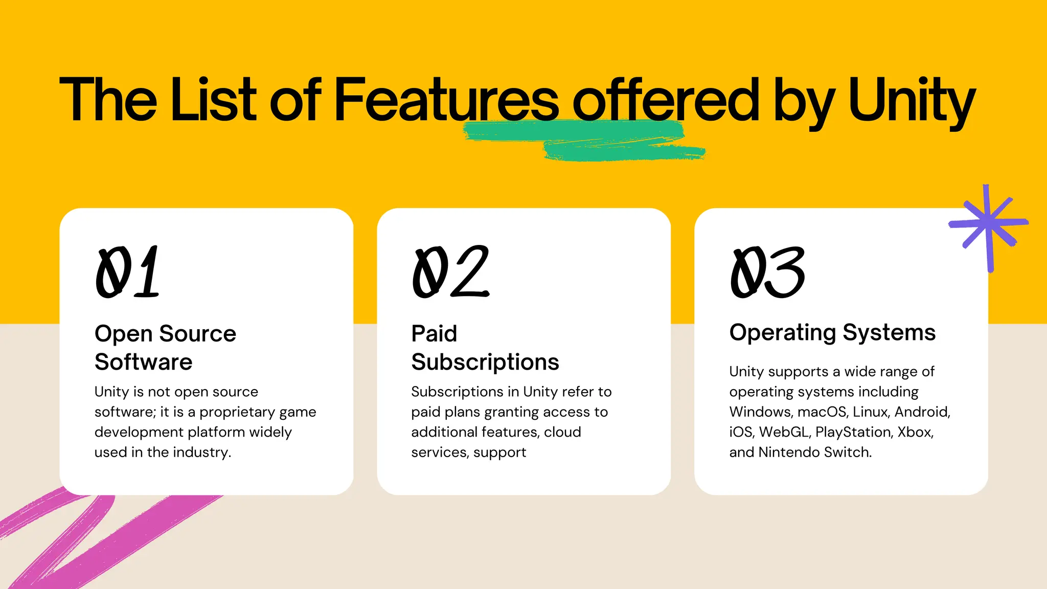 The List of Features offered by Unity 01 Open Source Software Unity is not open source software; it is a proprietary game development platform widely used in the industry. 02 Paid Subscriptions Subscriptions in Unity refer to paid plans granting access to additional features, cloud services, support 03 Operating Systems Unity supports a wide range of operating systems including Windows, macOS, Linux, Android, iOS, WebGL, PlayStation, Xbox, and Nintendo Switch. 