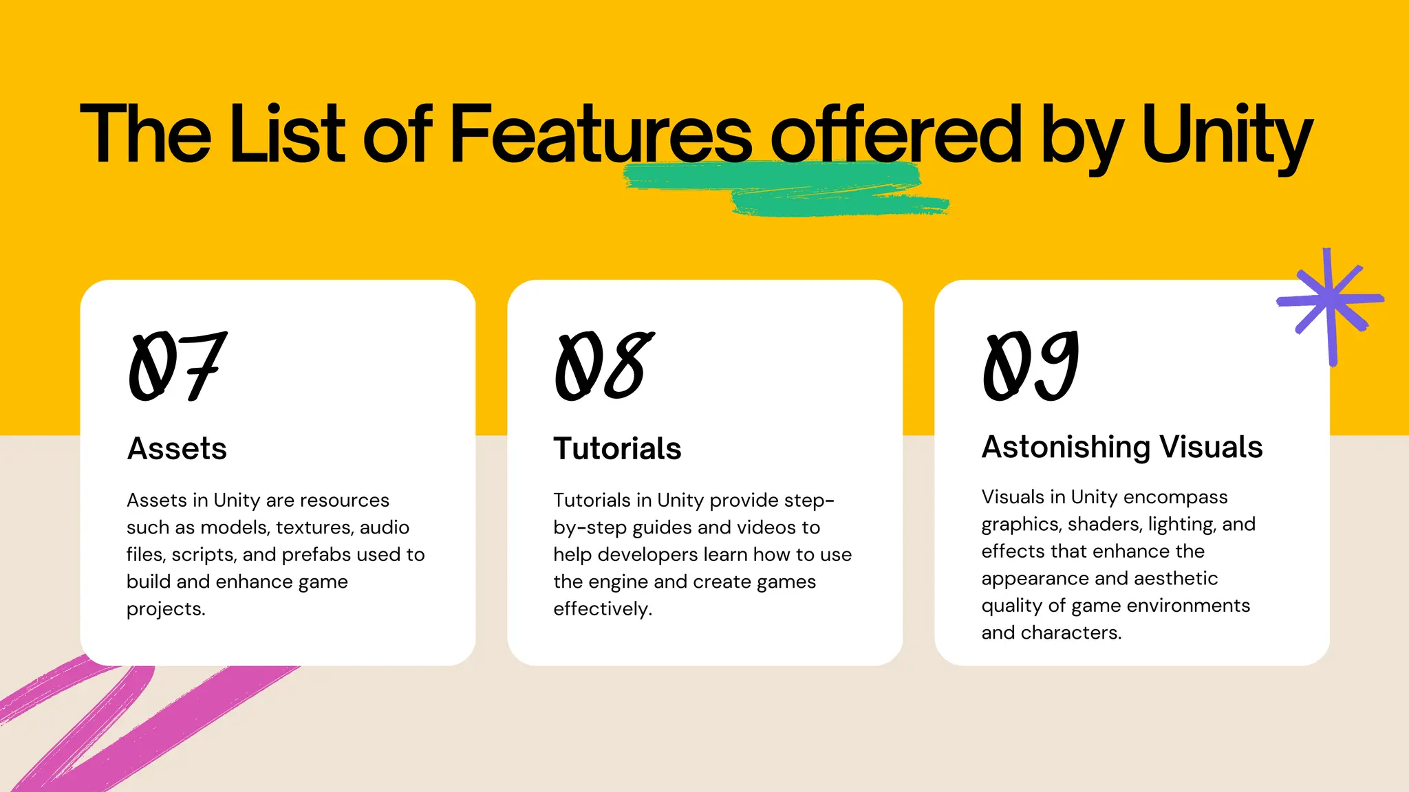 The List of Features offered by Unity 07 Assets Assets in Unity are resources such as models, textures, audio files, scripts, and prefabs used to build and enhance game projects. 08 Tutorials Tutorials in Unity provide step- by-step guides and videos to help developers learn how to use the engine and create games effectively. 09 Astonishing Visuals Visuals in Unity encompass graphics, shaders, lighting, and effects that enhance the appearance and aesthetic quality of game environments and characters. 