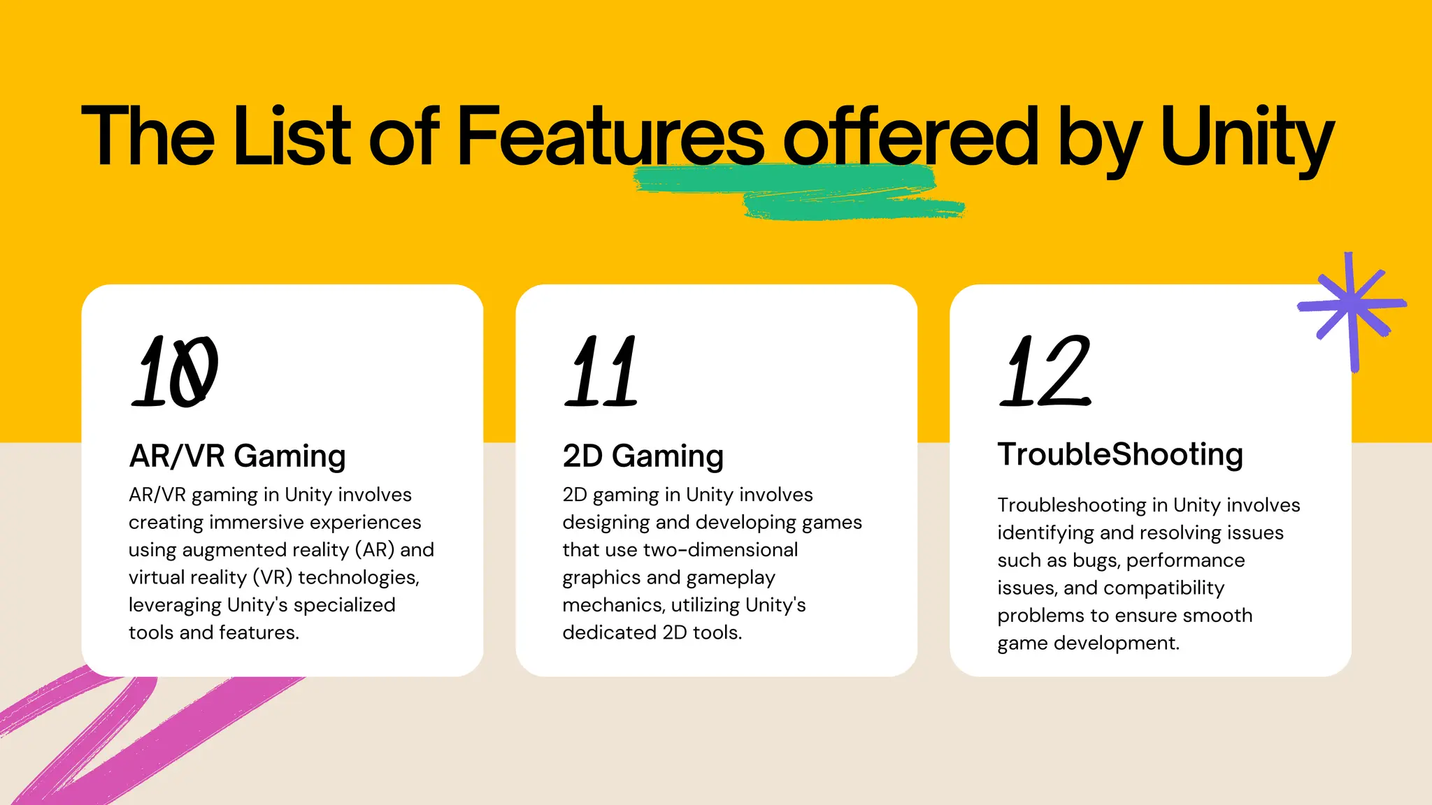 The List of Features offered by Unity 10 AR/VR Gaming AR/VR gaming in Unity involves creating immersive experiences using augmented reality (AR) and virtual reality (VR) technologies, leveraging Unity's specialized tools and features. 11 2D Gaming 2D gaming in Unity involves designing and developing games that use two-dimensional graphics and gameplay mechanics, utilizing Unity's dedicated 2D tools. 12 TroubleShooting Troubleshooting in Unity involves identifying and resolving issues such as bugs, performance issues, and compatibility problems to ensure smooth game development. 