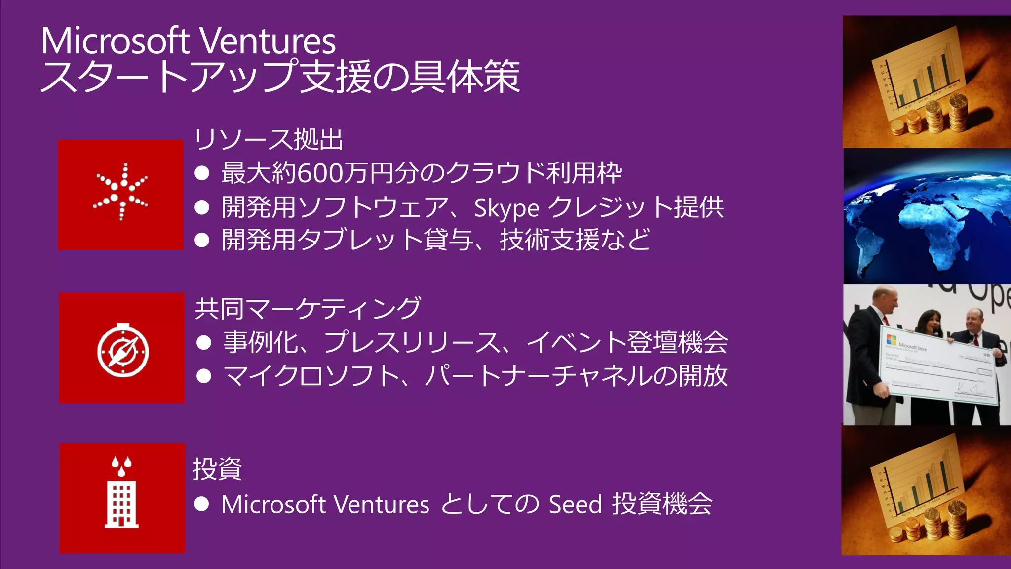 Microsoft Ventures 
スタートアップ支援の具体策 
リソース拠出 
最大約600万円分のクラウド利用枠 
開発用ソフトウェア、Skypeクレジット提供 
開発用タブレット貸与、技術支援など 
共同マーケティング 
事例化、プレスリリース、イベント登壇機会 
マイクロソフト、パートナーチャネルの開放 
投資 
Microsoft VenturesとしてのSeed投資機会  