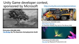 Unity Game developer contest, sponsored by Microsoft 
First prize ($50,000 USD) 
The Bridgeby The Quantum Astrophysicists Guild 
Second prize ($30,000 USD) 
Mini Motor Racing 
by NextGenReality Pty Ltd t/a The Binary Mill 
Third prize ($10,000 USD) 
The Veilby Wayward Productions Ltd 
http://unity3d.com/contest/windows  