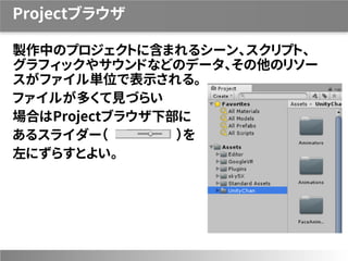 Projectブラウザ
製作中のプロジェクトに含まれるシーン、スクリプト、
グラフィックやサウンドなどのデータ、その他のリソー
スがファイル単位で表示される。
ファイルが多くて見づらい
場合はProjectブラウザ下部に
あるスライダー（ ）を
左にずらすとよい。
 