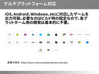 マルチプラットフォーム対応
iOS、Android、Windows、etcに対応したゲームを
出力可能。必要なのはビルド時の設定なので、各プ
ラットホーム用の開発は基本的に不要。
画像引用元：https://store.unity.com/ja/products/unity-plus
 