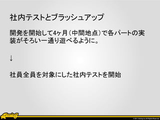 社内テストとブラッシュアップ
開発を開始して4ヶ月（中間地点）で各パートの実
装がそろい一通り遊べるように。

↓

社員全員を対象にした社内テストを開始
 