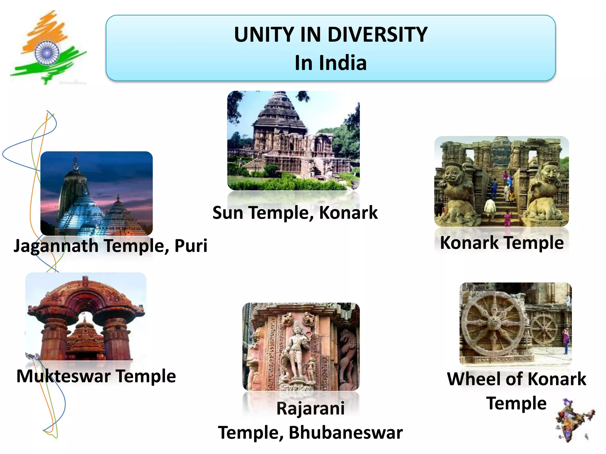 UNITY IN DIVERSITY
                                In India




                         Sun Temple, Konark
Jagannath Temple, Puri                          Konark Temple




Mukteswar Temple                                Wheel of Konark
                               Rajarani            Temple
                         Temple, Bhubaneswar
 
