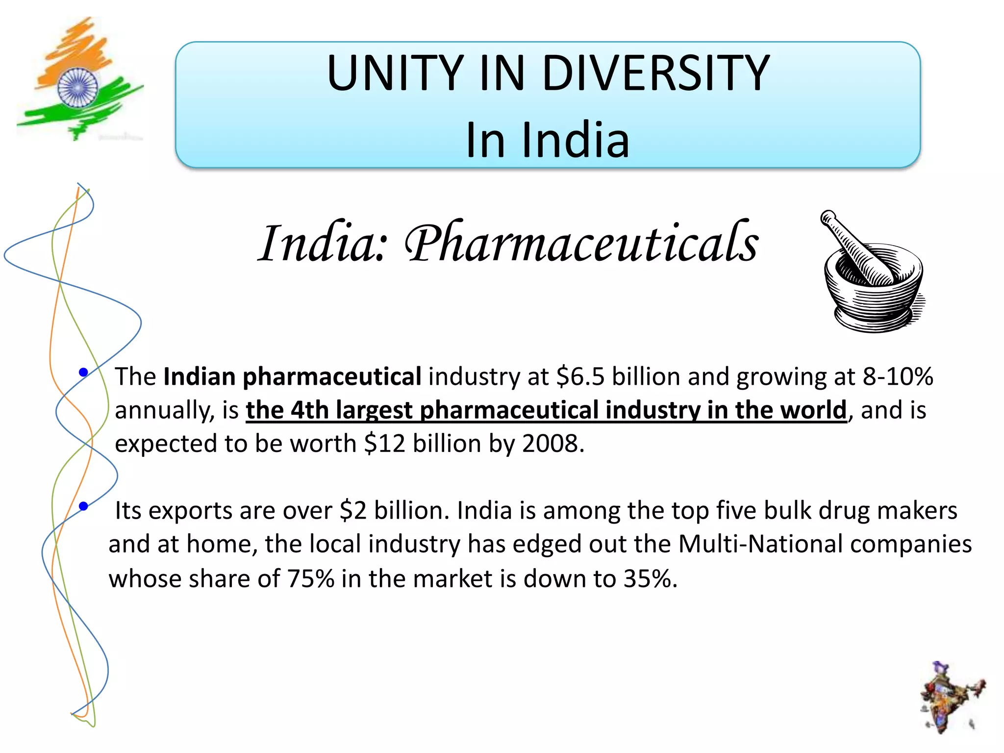 UNITY IN DIVERSITY
                            In India
                India: Pharmaceuticals

•   The Indian pharmaceutical industry at $6.5 billion and growing at 8-10%
    annually, is the 4th largest pharmaceutical industry in the world, and is
    expected to be worth $12 billion by 2008.

•   Its exports are over $2 billion. India is among the top five bulk drug makers
    and at home, the local industry has edged out the Multi-National companies
    whose share of 75% in the market is down to 35%.
 