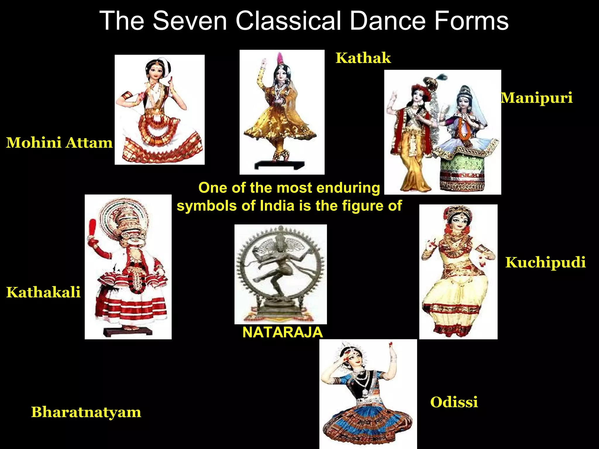 The Seven Classical Dance Forms
Mohini Attam
Kathakali
Bharatnatyam
Kuchipudi
Odissi
Manipuri
Kathak
NATARAJA
One of the most enduring
symbols of India is the figure of
 