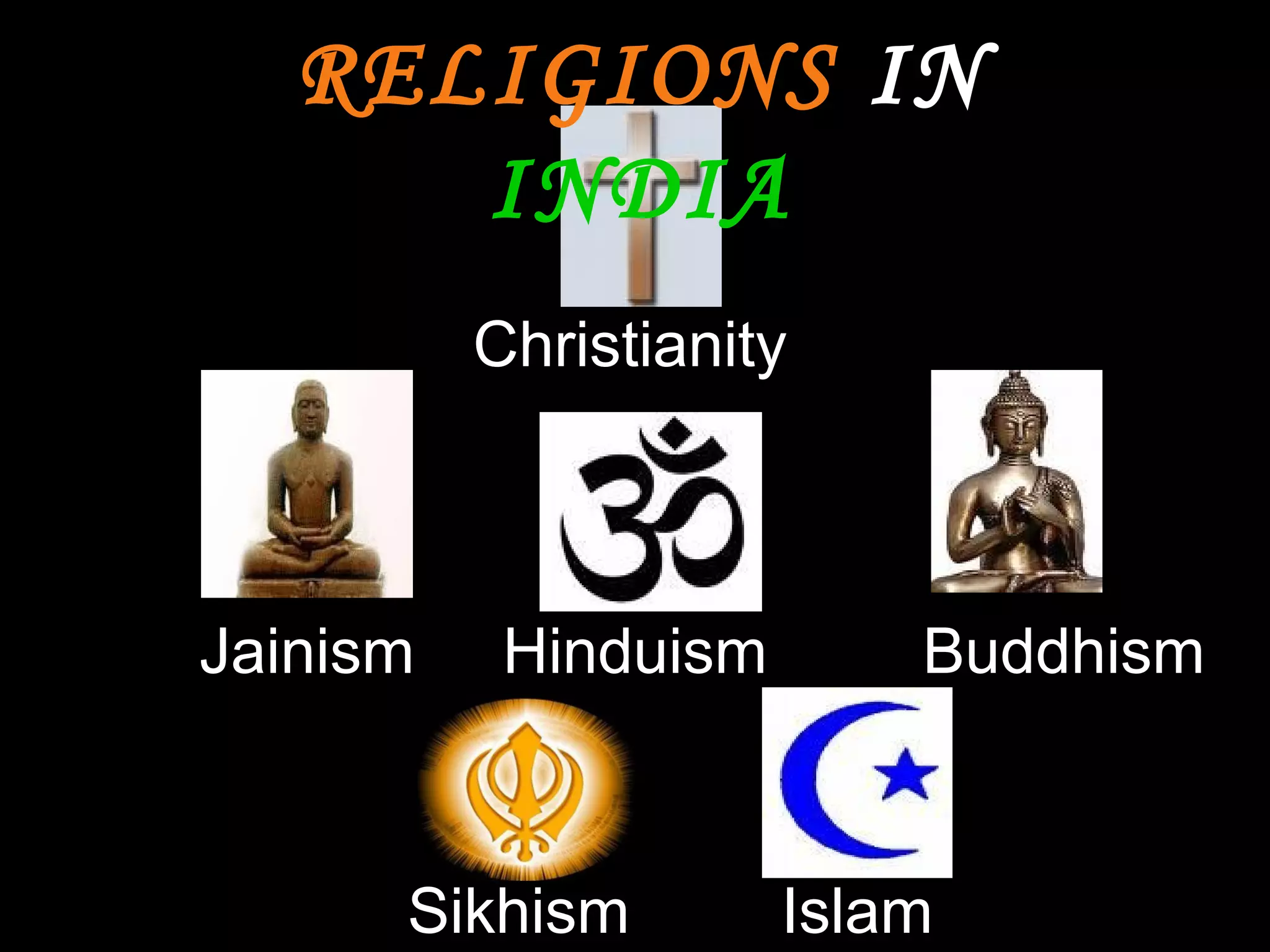 BuddhismJainism
Sikhism Islam
Christianity
Hinduism
RELIGIONS IN
INDIA
 