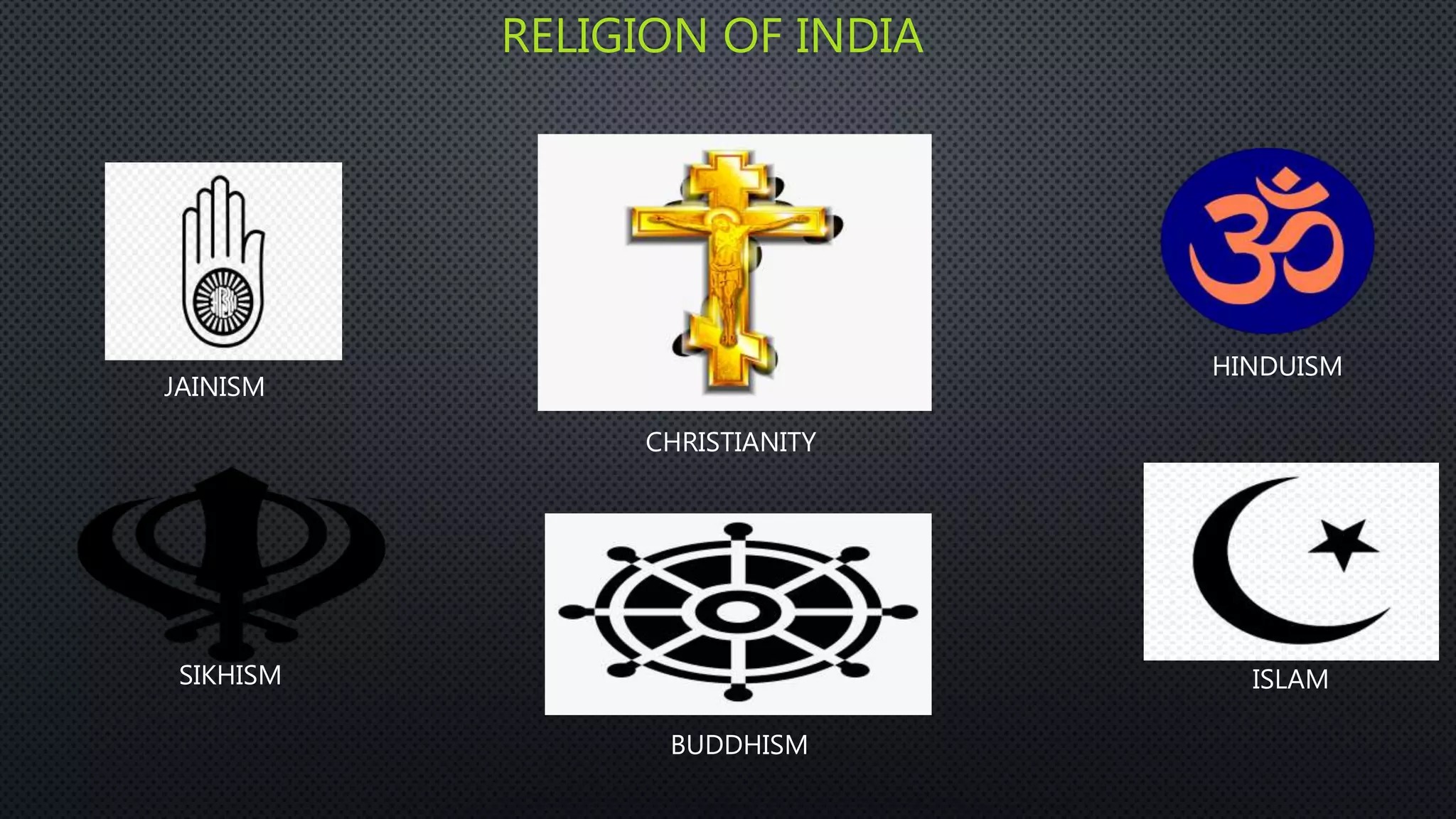 RELIGION OF INDIA
HINDUISM
JAINISM
SIKHISM ISLAM
CHRISTIANITY
BUDDHISM
 