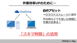 作業効率UPのために…
自作アセット
→クラウドストレージに保存
「スキマ時間」の活用
外出時などでも空いた時間に
作業が出来る！
 