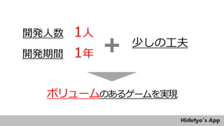 開発人数 1人
開発期間 1年
少しの工夫
ボリュームのあるゲームを実現
 