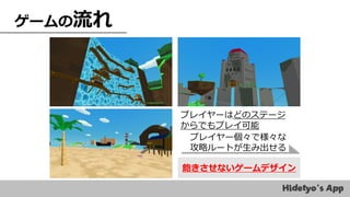 ゲームの流れ
プレイヤーはどのステージ
からでもプレイ可能
プレイヤー個々で様々な
攻略ルートが生み出せる
飽きさせないゲームデザイン
 