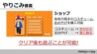 やりこみ要素
ショップ
各地方限定のコスチューム、
おみやげを購入可能
おみやげ → 家に飾る
クリア後も遊ぶことが可能!
コスチューム → きせかえ
 