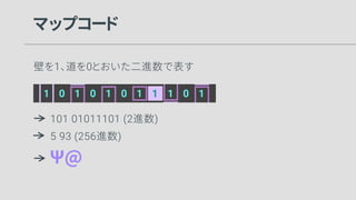 マップコード
壁を1、道を0とおいた二進数で表す
101 01011101 (2進数)
5 93 (256進数)
1 1 1 1 1 10 0 0 1 0
Ψ@
 