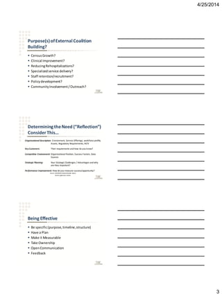 4/25/2014
3
Purpose(s)ofExternal Coalition
Building?
 CensusGrowth?
 Clinical Improvement?
 ReducingRehospitalizations?
 Specializedservice delivery?
 Staff retention/recruitment?
 Policydevelopment?
 CommunityInvolvement/Outreach?
DeterminingtheNeed (“Reflection”)
ConsiderThis…
Organizational Description: Environment, Service Offerings, workforce profile,
Assets, Regulatory Requirements, M/V
KeyCustomers: Their requirements and how do you know?
Competitive Environment: Organizational Position, Success Factors, Data
Sources
Strategic Planning: Your Strategic Challenges / Advantages and why
are they important?
Performance Improvement: How do you measure success/opportunity?
Source: AHCA/NCAL NationalQuality Award
Bronze Application Criteria
Being Effective
 Be specific(purpose,timeline,structure)
 Have a Plan
 Make it Measurable
 Take Ownership
 OpenCommunication
 Feedback
 