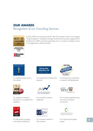 47
OUR AWARDS
Recognititon of our Consulting Services
In 2016, UNITY was presented with the “Best of Consulting” award in the category
“Project Excellence – Competitive Strategy” by the German business magazine Wirt-
schaftswoche. UNITY conducted outstanding work in a project to develop innovati-
on management for Lufthansa Technik.
Rising Star
Industrie 4.0
Experton Group
For a high level of Industrie 4.0
expertise
For innovative digital planning
in the area of hospital
con-struction
For high quality consulting
and customer satisfaction
For extraordinary commitment
to research and development
For employee orientation –
2nd place in a competition for
employers
For innovative methods in
OR simulation
For excellent project work in
Switzerland
For successful corporate
leadership
For a future-proof hospital
project
 