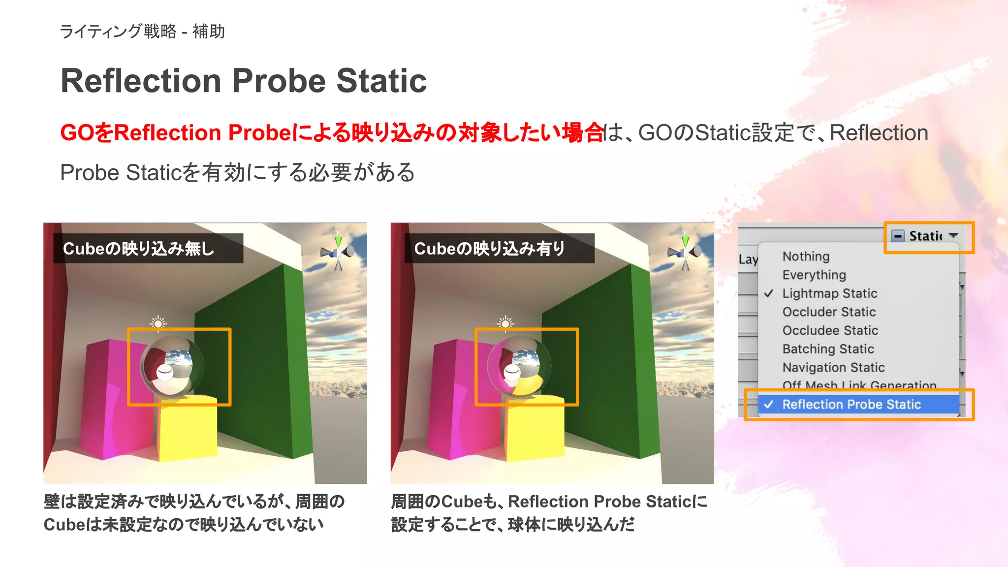 Reflection Probe Static
ライティング戦略 - 補助
GOをReflection Probeによる映り込みの対象したい場合は、GOのStatic設定で、Reflection
Probe Staticを有効にする必要がある
Cubeの映り込み無し Cubeの映り込み有り
壁は設定済みで映り込んでいるが、周囲の
Cubeは未設定なので映り込んでいない
周囲のCubeも、Reflection Probe Staticに
設定することで、球体に映り込んだ
 