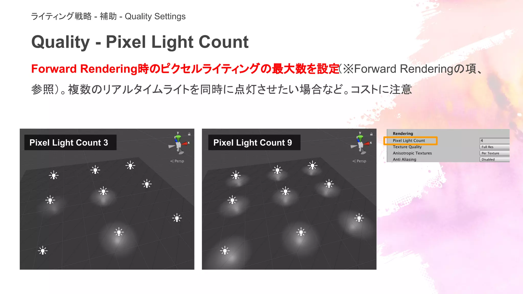 Quality - Pixel Light Count
ライティング戦略 - 補助 - Quality Settings
Forward Rendering時のピクセルライティングの最大数を設定（※Forward Renderingの項、
参照）。複数のリアルタイムライトを同時に点灯させたい場合など。コストに注意
Pixel Light Count 3 Pixel Light Count 9
 