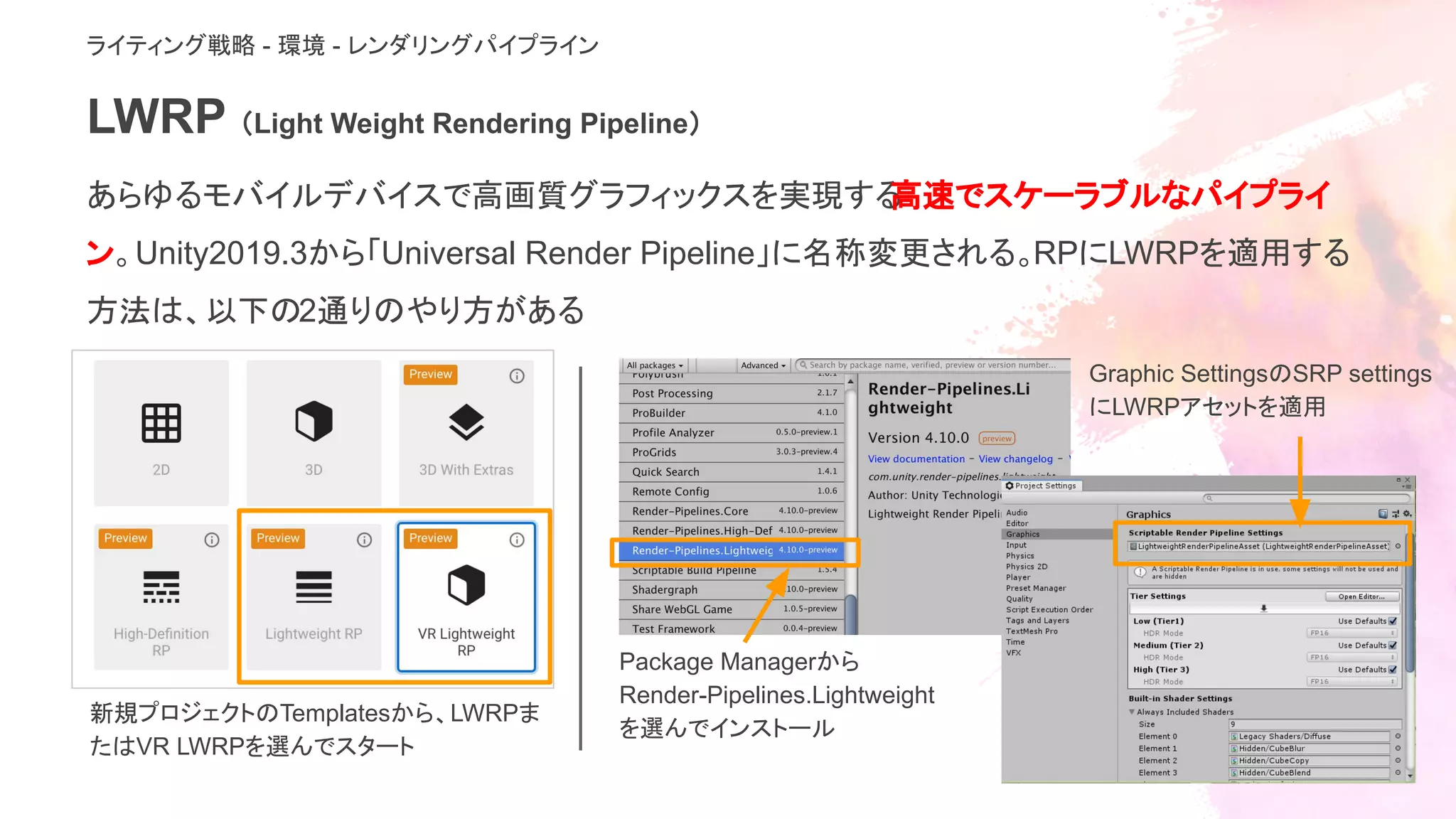 LWRP （Light Weight Rendering Pipeline）
あらゆるモバイルデバイスで高画質グラフィックスを実現する高速でスケーラブルなパイプライ
ン。Unity2019.3から「Universal Render Pipeline」に名称変更される。RPにLWRPを適用する
方法は、以下の2通りのやり方がある
ライティング戦略 - 環境 - レンダリングパイプライン
新規プロジェクトのTemplatesから、LWRPま
たはVR LWRPを選んでスタート
Package Managerから
Render-Pipelines.Lightweight
を選んでインストール
Graphic SettingsのSRP settings
にLWRPアセットを適用
 