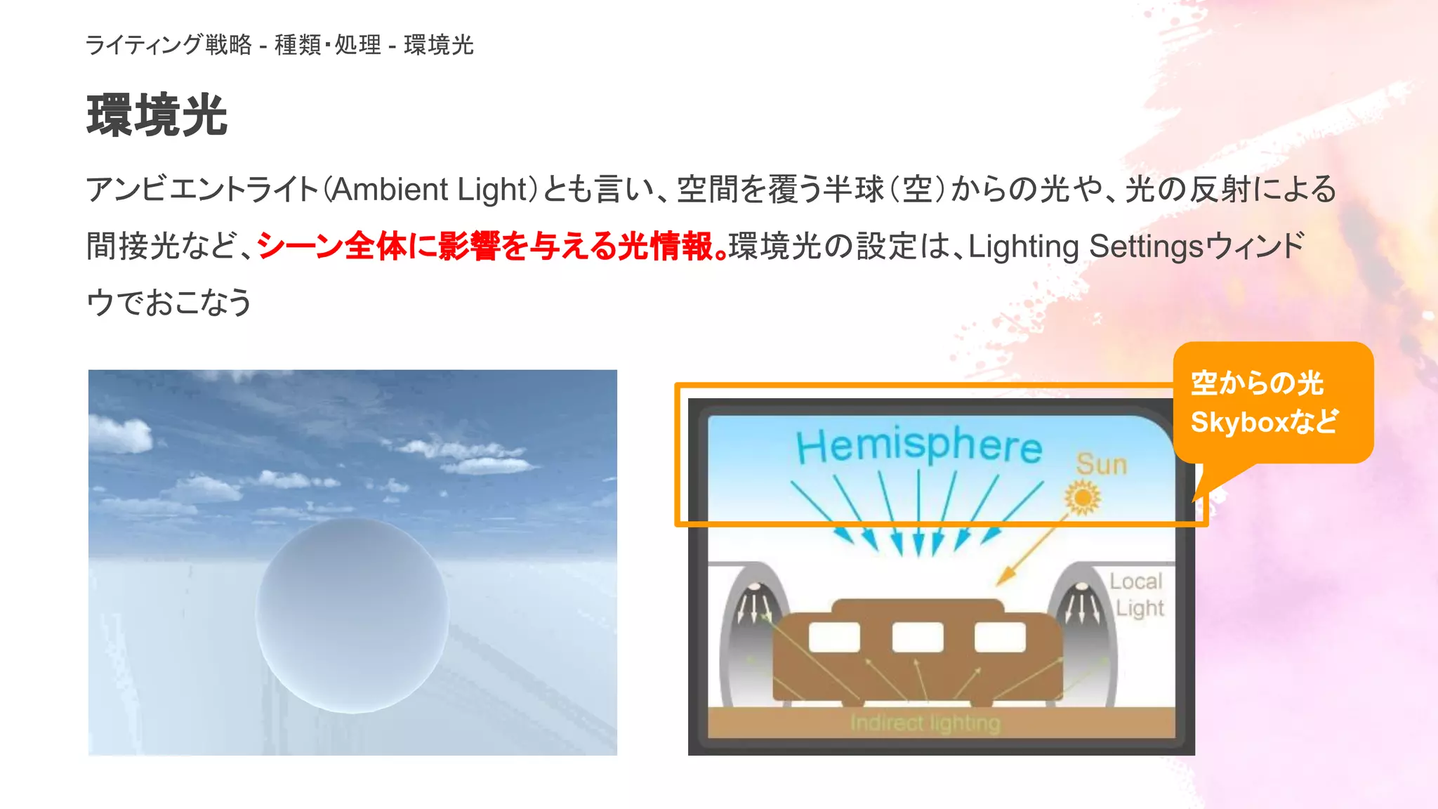 環境光
アンビエントライト（Ambient Light）とも言い、空間を覆う半球（空）からの光や、光の反射による
間接光など、シーン全体に影響を与える光情報。環境光の設定は、Lighting Settingsウィンド
ウでおこなう
空からの光
Skyboxなど
ライティング戦略 - 種類・処理 - 環境光
 