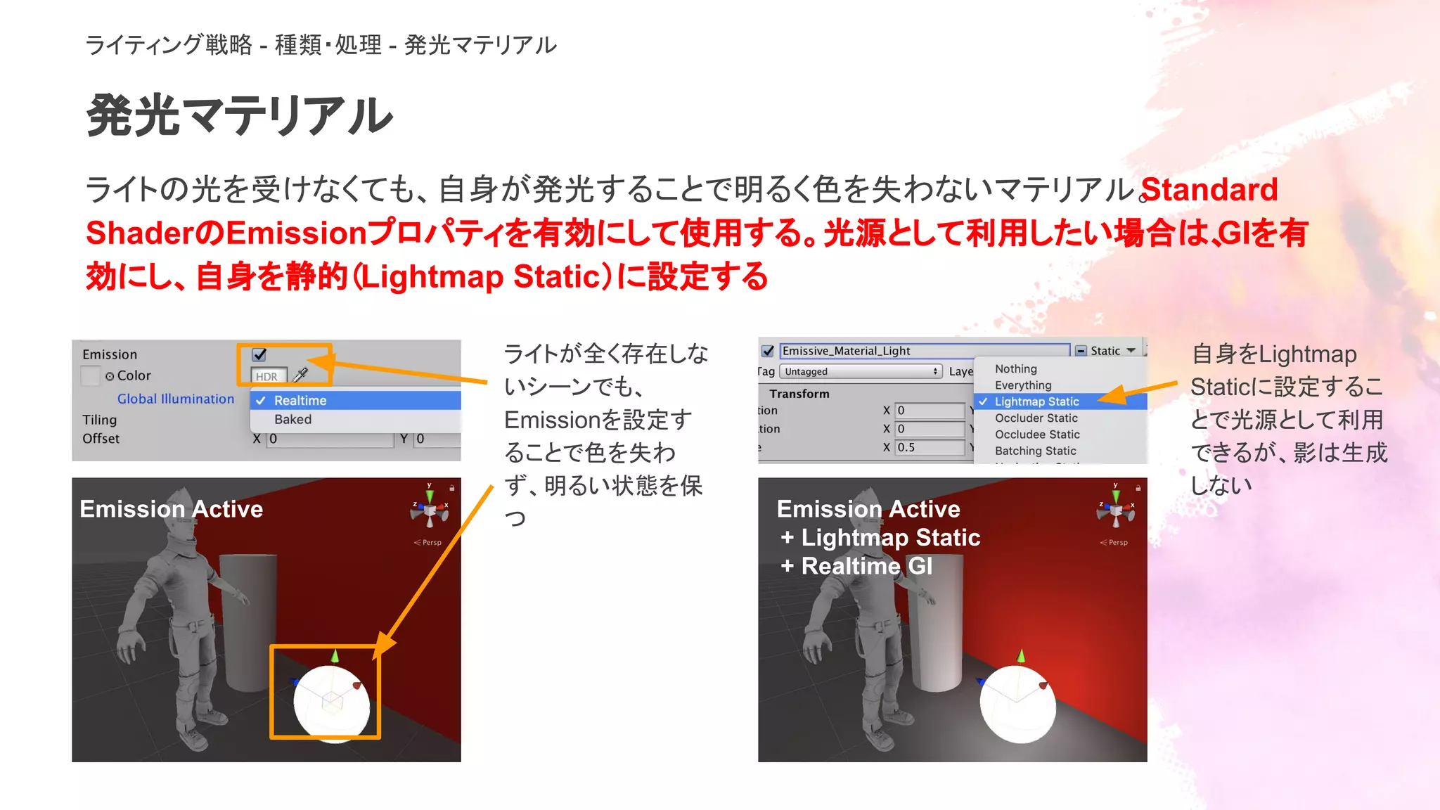 発光マテリアル
ライトの光を受けなくても、自身が発光することで明るく色を失わないマテリアル。Standard
ShaderのEmissionプロパティを有効にして使用する。光源として利用したい場合は、GIを有
効にし、自身を静的（Lightmap Static）に設定する
ライティング戦略 - 種類・処理 - 発光マテリアル
ライトが全く存在しな
いシーンでも、
Emissionを設定す
ることで色を失わ
ず、明るい状態を保
つ
自身をLightmap
Staticに設定するこ
とで光源として利用
できるが、影は生成
しない
Emission Active Emission Active
+ Lightmap Static
+ Realtime GI
 
