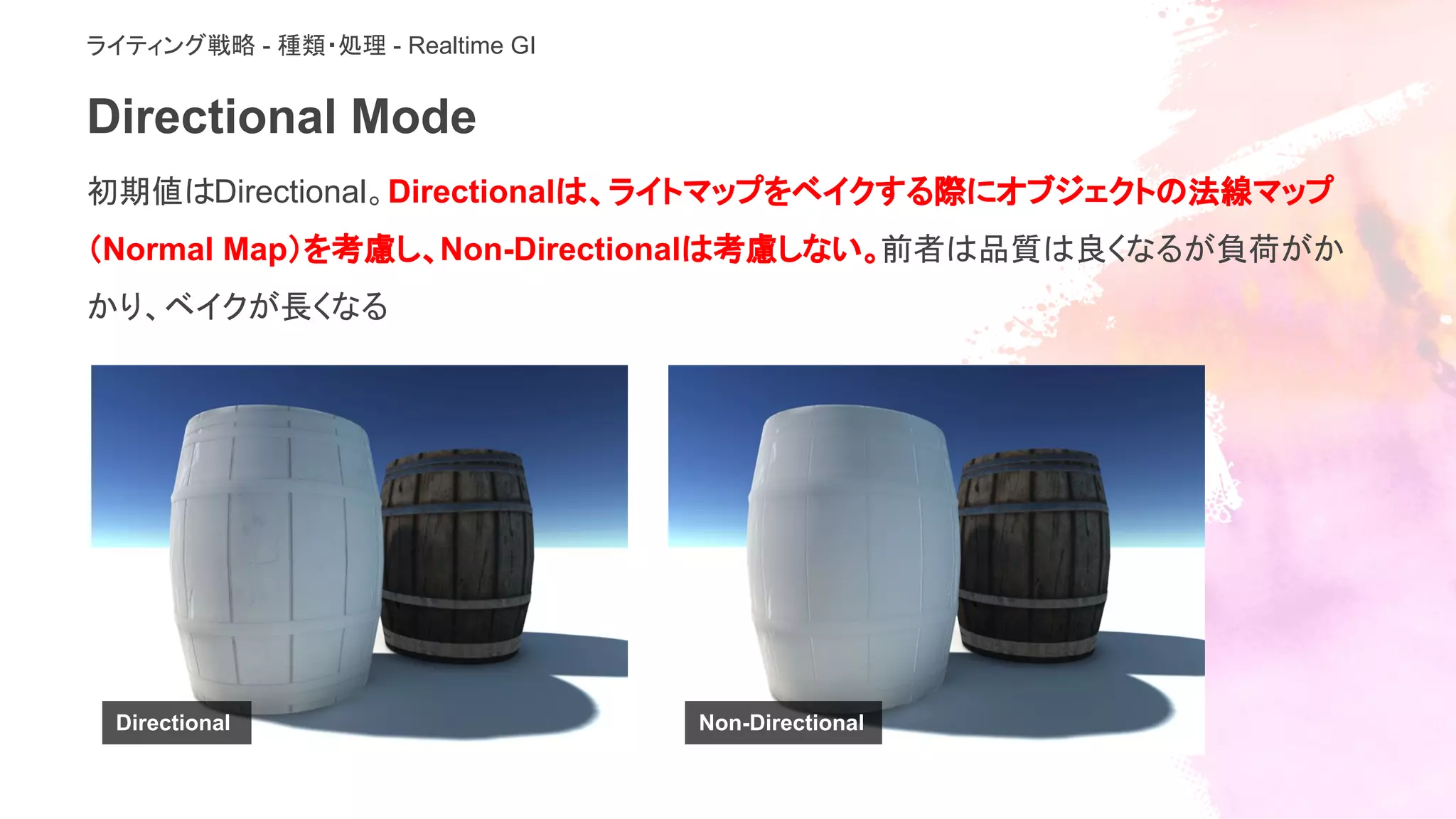 Directional Mode
初期値はDirectional。Directionalは、ライトマップをベイクする際にオブジェクトの法線マップ
（Normal Map）を考慮し、Non-Directionalは考慮しない。前者は品質は良くなるが負荷がか
かり、ベイクが長くなる
ライティング戦略 - 種類・処理 - Realtime GI
Directional Non-Directional
 