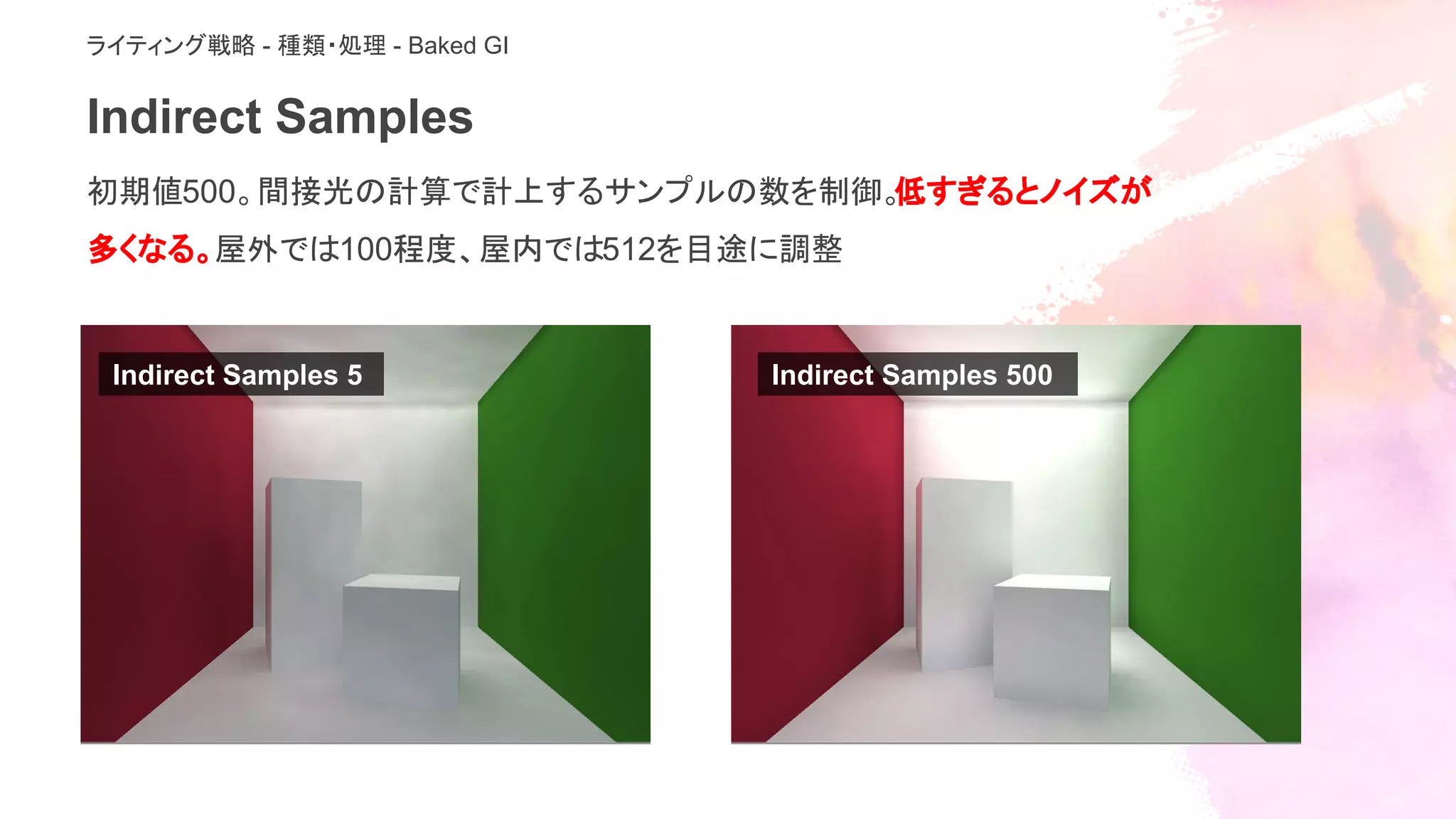Indirect Samples
初期値500。間接光の計算で計上するサンプルの数を制御。低すぎるとノイズが
多くなる。屋外では100程度、屋内では512を目途に調整
ライティング戦略 - 種類・処理 - Baked GI
Indirect Samples 5 Indirect Samples 500
 