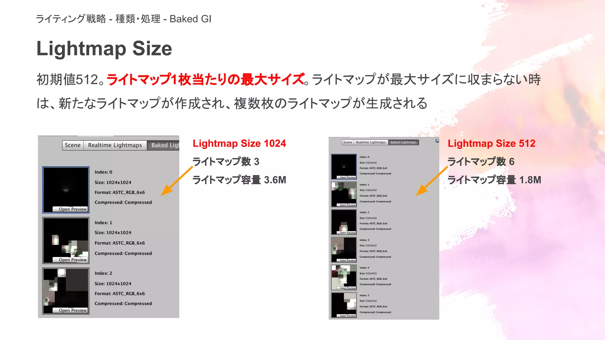 Lightmap Size
初期値512。ライトマップ1枚当たりの最大サイズ。ライトマップが最大サイズに収まらない時
は、新たなライトマップが作成され、複数枚のライトマップが生成される
ライティング戦略 - 種類・処理 - Baked GI
Lightmap Size 1024
ライトマップ数 3
ライトマップ容量 3.6M
Lightmap Size 512
ライトマップ数 6
ライトマップ容量 1.8M
 