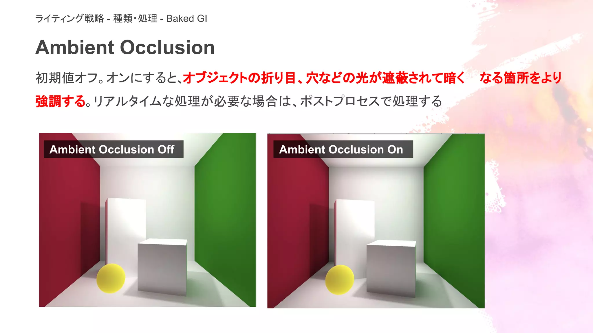 Ambient Occlusion
初期値オフ。オンにすると、オブジェクトの折り目、穴などの光が遮蔽されて暗く なる箇所をより
強調する。リアルタイムな処理が必要な場合は、ポストプロセスで処理する
Ambient Occlusion Off Ambient Occlusion On
ライティング戦略 - 種類・処理 - Baked GI
 