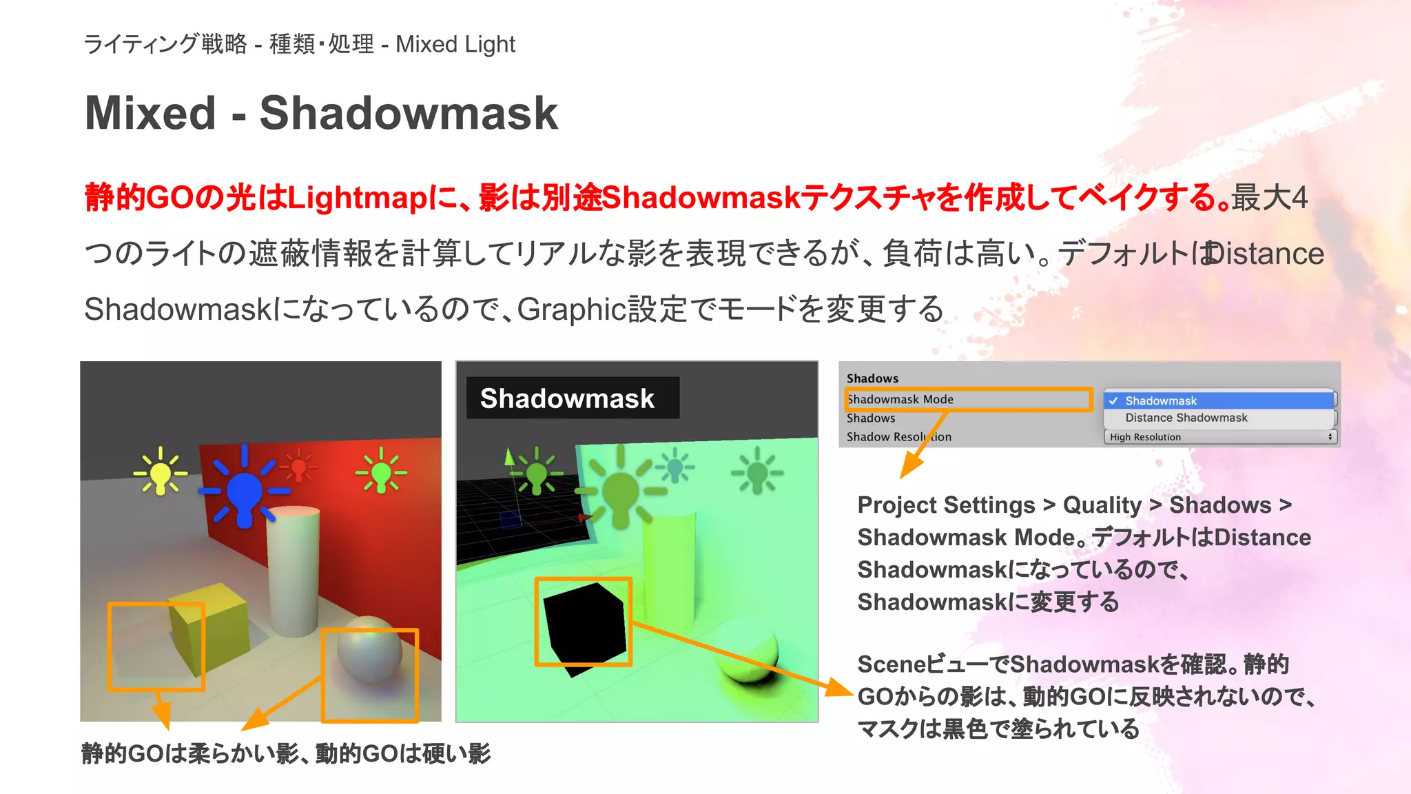 Mixed - Shadowmask
静的GOの光はLightmapに、影は別途Shadowmaskテクスチャを作成してベイクする。最大4
つのライトの遮蔽情報を計算してリアルな影を表現できるが、負荷は高い。デフォルトはDistance
Shadowmaskになっているので、Graphic設定でモードを変更する
ライティング戦略 - 種類・処理 - Mixed Light
Shadowmask
SceneビューでShadowmaskを確認。静的
GOからの影は、動的GOに反映されないので、
マスクは黒色で塗られている
静的GOは柔らかい影、動的GOは硬い影
Project Settings > Quality > Shadows >
Shadowmask Mode。デフォルトはDistance
Shadowmaskになっているので、
Shadowmaskに変更する
 