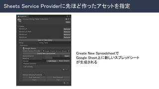 Sheets Service Providerに先ほど作ったアセットを指定 
Create New Spreadsheetで 
Google Sheet上に新しいスプレッドシート
が生成される 
 
 