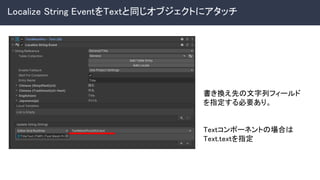 Localize String EventをTextと同じオブジェクトにアタッチ 
書き換え先の文字列フィールド
を指定する必要あり。 
 
 
Textコンポーネントの場合は
Text.textを指定 
 