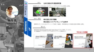 株丹 亮
Kabutan Ryo
九州工業大学 西田研究室
- 2017
産業用ロボットのためのパスプランニングアルゴリズムの研究に従事。
株式会社 安川電機
2017 – 現在
株式会社 エイアイキューブ 出向中
個人で
ROS (Robot Operating System) Japan Users Groupでたまに発表しています。
主にMoveItというロボットアーム向けライブラリの解説など。
産業用ロボットのためのプランニング技術、最適化、異常検知などの知能化技術の開発に従事。
2
今日はこの続編
上記資料のURL: https://www.slideshare.net/RyoKabutan
 