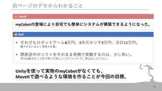 Bad!
前ページのデモからわかること
5
Good!
myCobotの登場により自宅でも簡単にシステムが構築できるようになった。
• それでもロボットアーム8万円、3次元センサ3万円、合計11万円。
購入するには少し勇気が必要。
Unityを使って実物のmyCobotがなくても、
MoveItで遊べるような環境を作ることが今回の目標。
• 開発途中のソフトをそのまま実機で実験するのは、少し怖い。
思わぬ動きをして机や周りの物にぶつけてヒヤヒヤ。煙は出したくない。
 