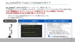 ros_control経由でUnity上のmyCobotを動かす
ros_control？ : ROSの制御用フレームワーク。簡単に言うと…
この枠組でドライバを実装しておけば、どのロボットアームでも同じ司令で動作可能。
つまり実機用のドライバ、シミュレータ用のドライバと2つ用意しておけば、
それ以外の実装はそのまま共通で使うことができる
8
① インターフェースを継承する
実機 myCobotの場合
myCobotはシリアル通信で制御可能。
API公開もされているので、
これを活用すれば良い。
どのようにros_control対応のドライバを書けばよいか。
まず実機の例を示す。
② ロボット制御のための実装をする
実機 myCobot用のクラス作成。
左のコメントアウト部分に
シリアル通信の命令を実装する。
• readは現在の関節角度を取る命令。
• writeは任意の関節角度に動かす命令。
ここがUnityになればよい！
 