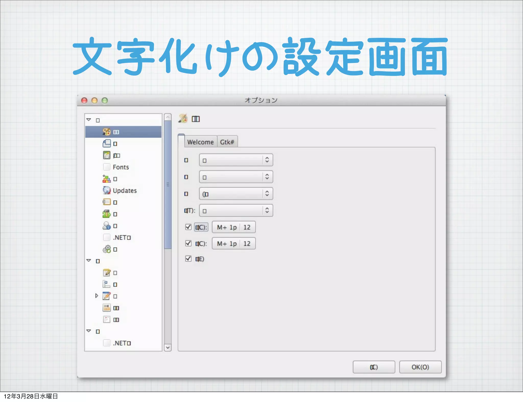 文字化けの設定画面




12年3月28日水曜日
 