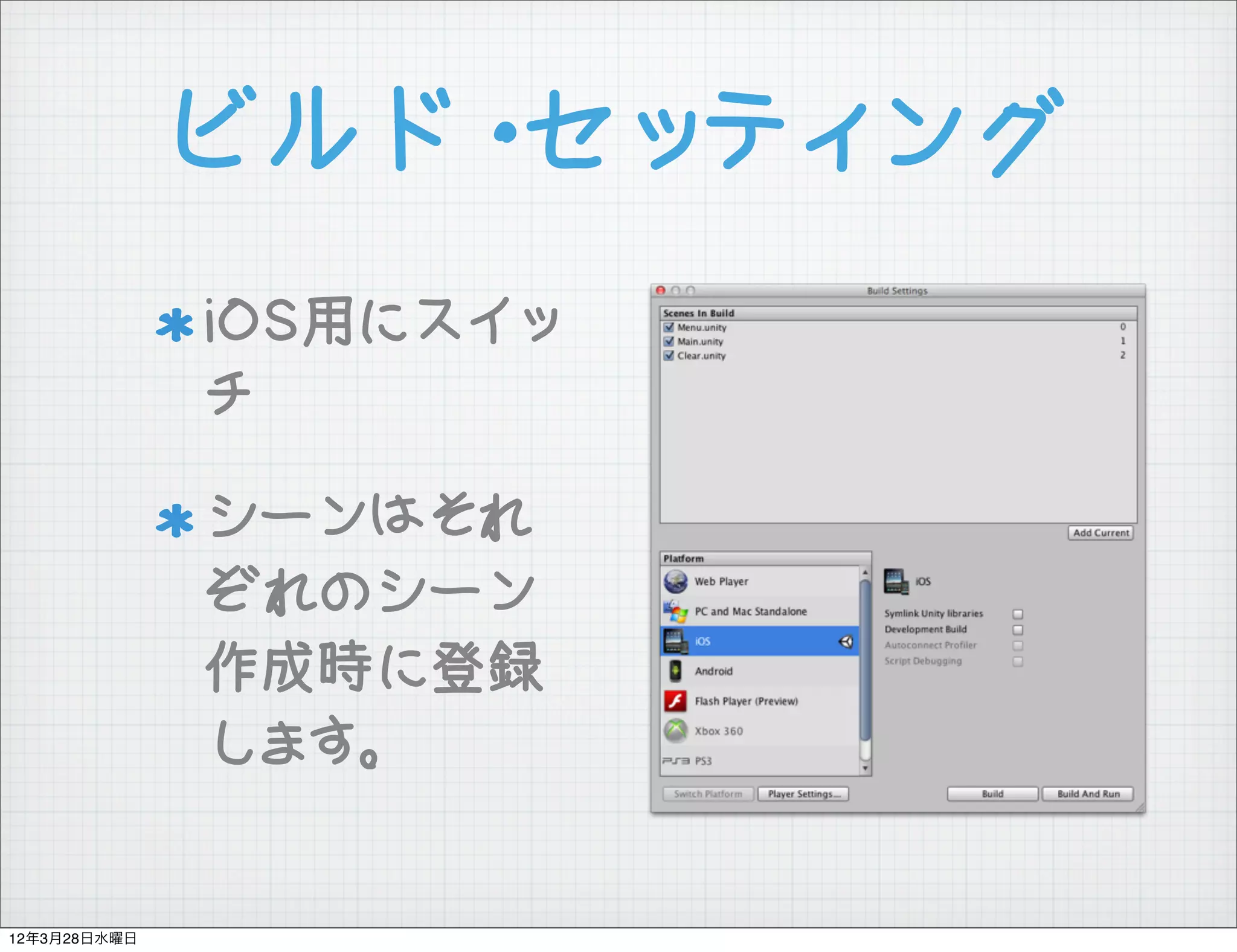 ビルド・セッティング
              iOS用にスイッ
              チ

              シーンはそれ
              ぞれのシーン
              作成時に登録
              します。


12年3月28日水曜日
 