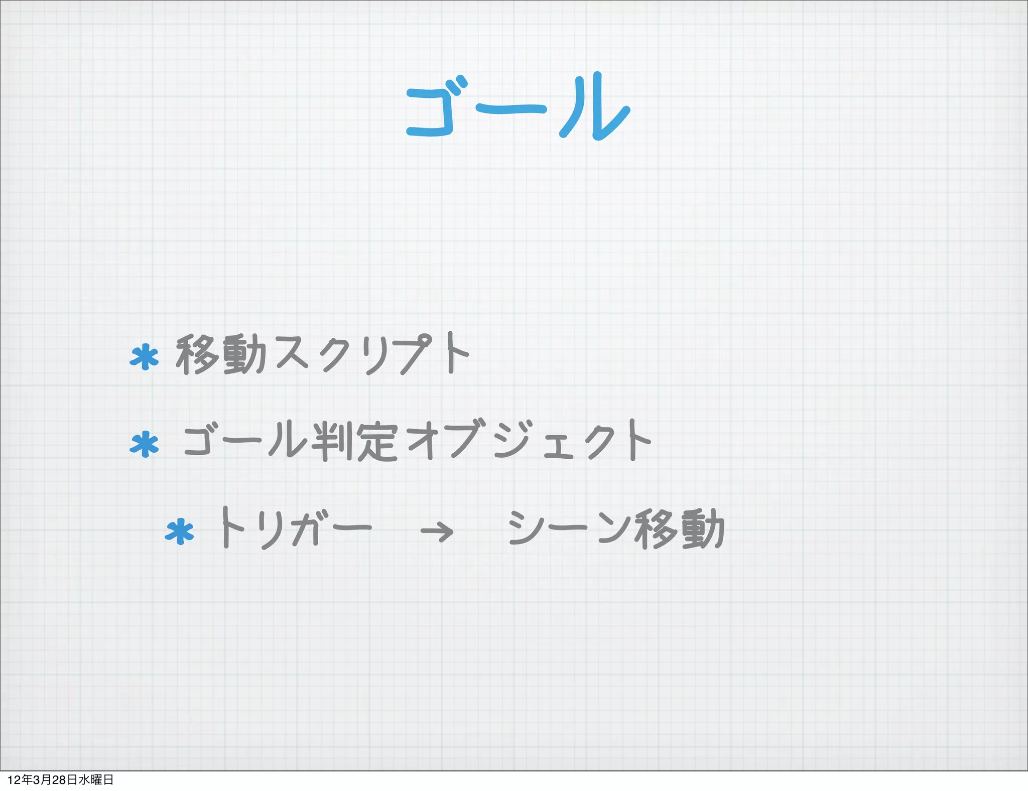 ゴール

              移動スクリプト
              ゴール判定オブジェクト
              トリガー　→　シーン移動




12年3月28日水曜日
 