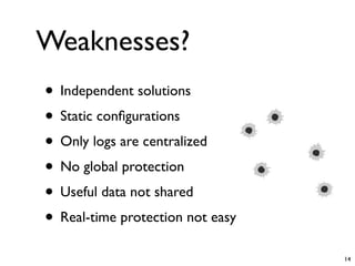 Weaknesses?
• Independent solutions
• Static conﬁgurations
• Only logs are centralized
• No global protection
• Useful data not shared
• Real-time protection not easy
                                  14
 