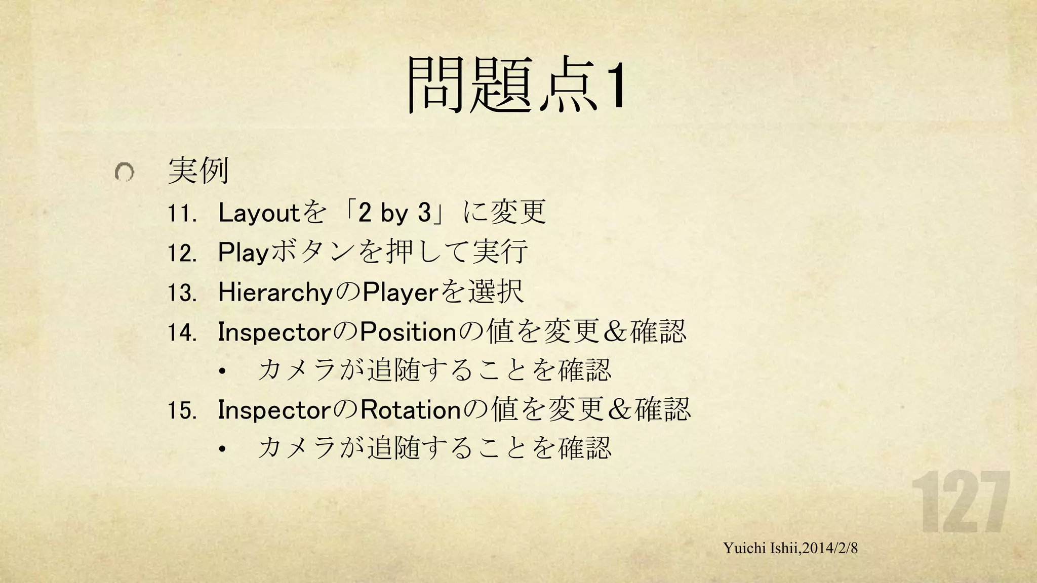問題点1
実例
11. Layoutを「2 by 3」に変更
12. Playボタンを押して実行
13. HierarchyのPlayerを選択
14. InspectorのPositionの値を変更＆確認
• カメラが追随することを確認
15. InspectorのRotationの値を変更＆確認
• カメラが追随することを確認

Yuichi Ishii,2014/2/8

 