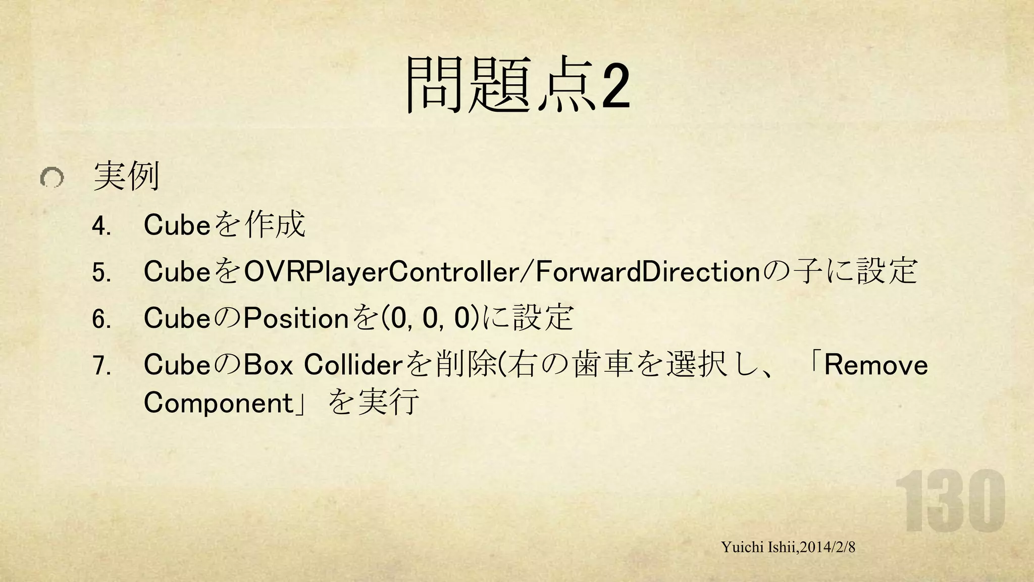 問題点2
実例
4.
5.
6.

7.

Cubeを作成
CubeをOVRPlayerController/ForwardDirectionの子に設定
CubeのPositionを(0, 0, 0)に設定
CubeのBox Colliderを削除(右の歯車を選択し、「Remove
Component」を実行

Yuichi Ishii,2014/2/8

 